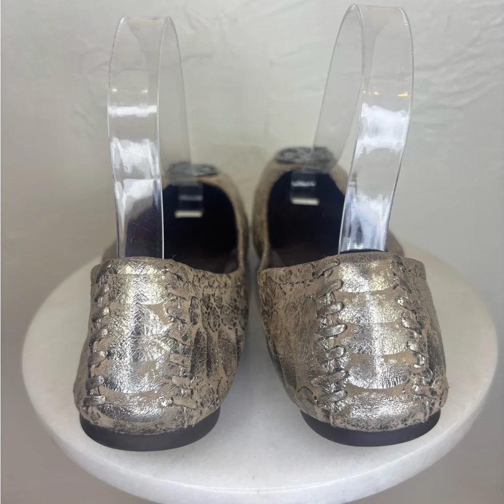 TORY BURCH Minnie Reva Flat Metallic Silver Heidi Ballet Logo‎ Leather Shoe 8.5